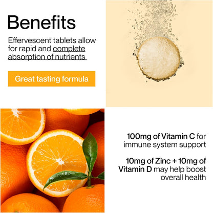 Vitaline 維生素 C 補充劑（含鋅和維生素 D）- 維生素 C 膳食補充劑，用於免疫支持 - 橙味，24 片泡騰片
