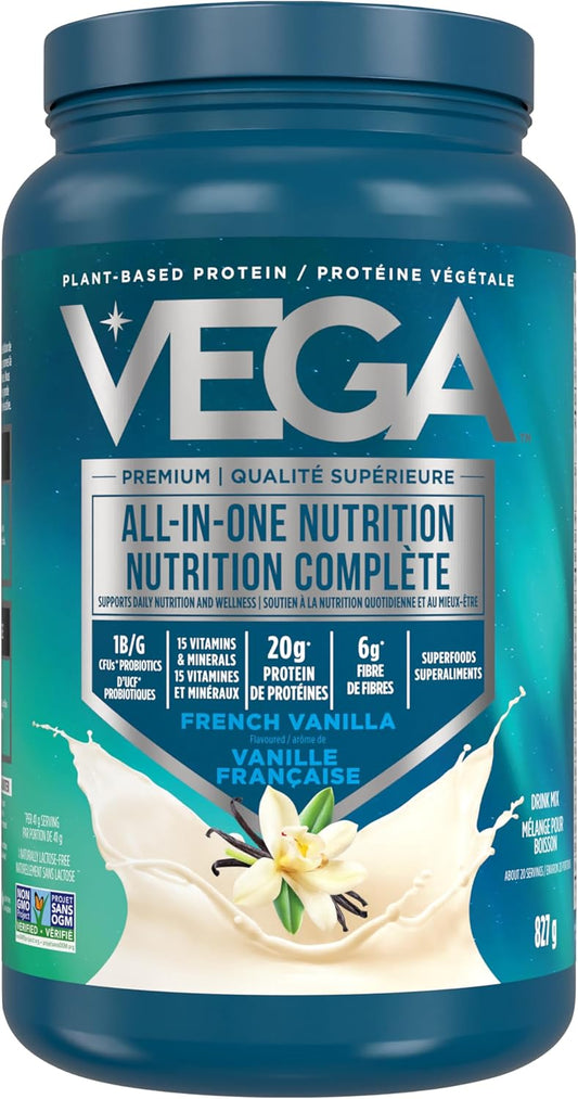 Vega All in One Nutrition - 20g Plant-Based Pea Protein, French Vanilla, 20 Servings, Vitamins A & C, Probiotics, Greens, Vegan, Keto, Gluten Free, 827g (Packaging May Vary)