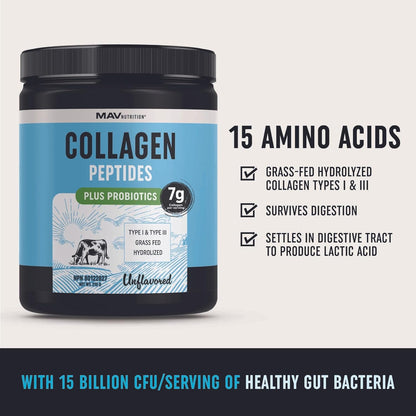 Collagen Powder + Probiotics Supplement | Made in Canada | Grass Fed Hydrolyzed Type 1 & Type 3 Collagen Peptides | Hair, Skin, Nails & Gut Health Support | 7000mg Per Serving | 210g, 1 Month Supply