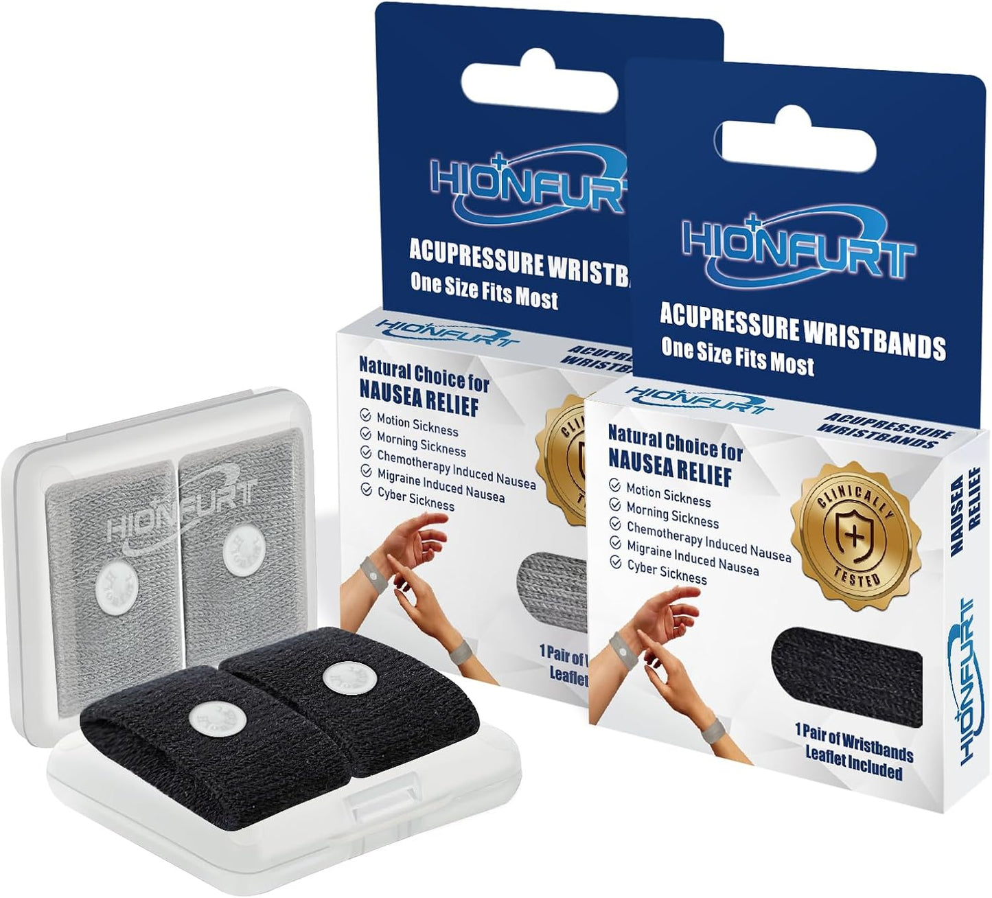 Hionfurt 成人和儿童晕车腕带，用于晕车晕船、孕期恶心缓解、晨吐缓解、穴位按摩腕带 - 2 对，灰色、黑色