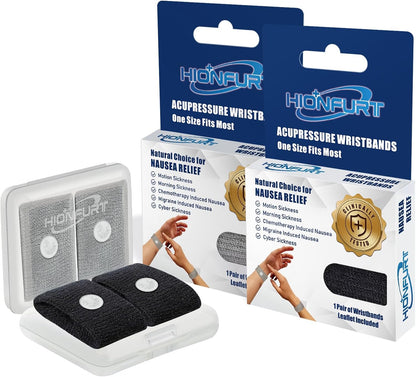 Hionfurt 成人和儿童晕车腕带，用于晕车晕船、孕期恶心缓解、晨吐缓解、穴位按摩腕带 - 2 对，灰色、黑色