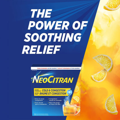 NeoCitran Extra Strength Cold and Congestion for Non-Drowsy Relief, Lemon, 10 Count