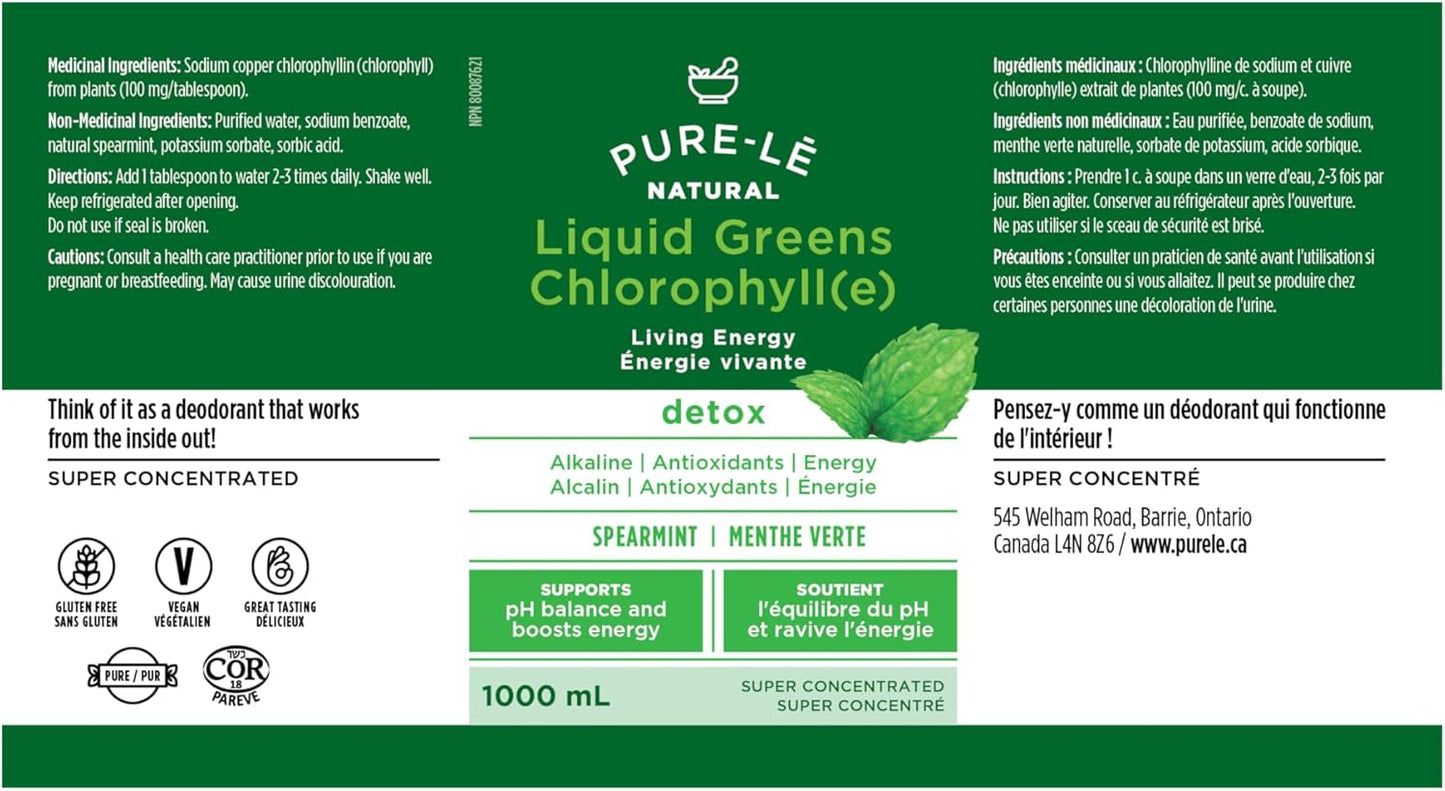 Pure-lē Natural Chlorophyll Liquid Greens | Organic (COR Certified), Gluten-Free, Vegan | Mint Flavor (1000 mL) – Natural Body Deodorant, Alkalizing & Antioxidant Support