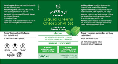 Pure-lē Natural Chlorophyll Liquid Greens | Organic (COR Certified), Gluten-Free, Vegan | Mint Flavor (1000 mL) – Natural Body Deodorant, Alkalizing & Antioxidant Support