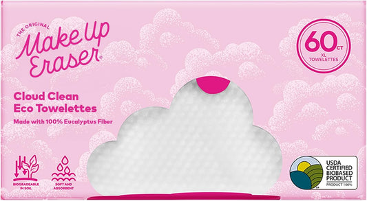Cloud Clean Eco Towelettes, Certified 100% USDA Biobased Face Towel, Biodegradable Disposable Face Towelette, Dry Wipe Made From Ultra Soft, 100% Eucalyptus Fibers, 60ct., 1 pack
