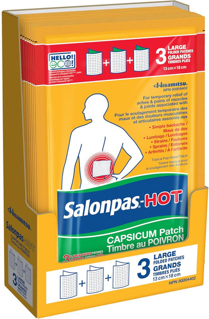 Salonpas Hot Capsicum Patch, Backache, Strains, Sprains, Arthritis, 3 Large Patches