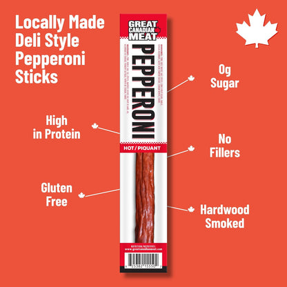 Hot Pepperoni Sticks Box, 18 x 22g Caddies by Great Canadian Meat, Meat Stick Snacks, Bulk Pepperoni Sticks Box for Carnivores. Perfect for Snacking, Gluten Free, High in Protein'