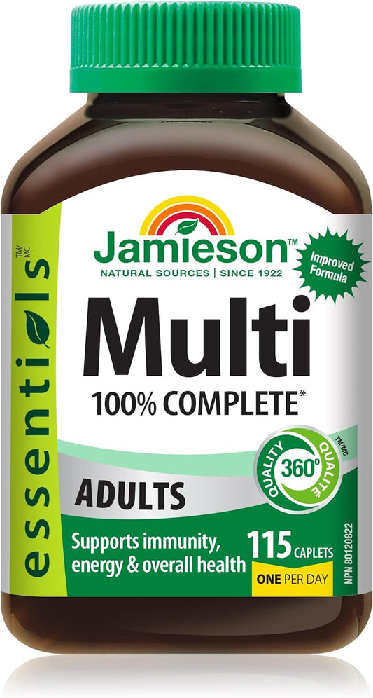 Jamieson 100% 成人複合維生素，含葉黃素、鈣和生物素。支持免疫力、能量和整體健康，富含抗氧化劑，無麩質，每日一片，115 粒膠囊
