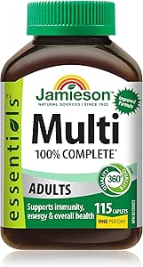 Jamieson 100% 成人複合維生素，含葉黃素、鈣和生物素。支持免疫力、能量和整體健康，富含抗氧化劑，無麩質，每日一片，115 粒膠囊