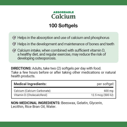 自然之寶鈣加維生素 D3，可吸收，1200 毫克，有助於骨骼和牙齒的發育，有助於鈣和磷的吸收和利用，可降低骨質疏鬆症的風險，軟膠囊，267.5 克