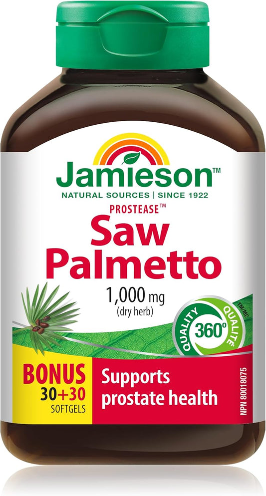 Jamieson 蛋白酶锯棕榈 1,000 毫克，促进泌尿健康，支持前列腺健康和功​​能，并有助于缓解良性前列腺增生。不含麸质和乳糖，60 粒软胶囊，加拿大制造