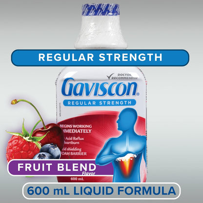 Gaviscon Liquid Regular Strength Antacid - 600 ml - Antacid Liquid for Day and Night Heartburn Relief, Acid Reflux and GERD Relief, Fruit Blend - Free of Aluminum, Lactose and Gluten