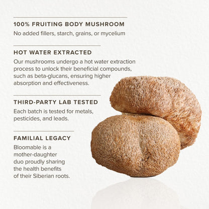 Bloomable 狮鬃菇提取物粉 – 100% 子实体，有机，热水提取物 – 60 克 – 有益大脑健康、记忆力和注意力 – 可添加到咖啡、茶、冰沙中（60 份）