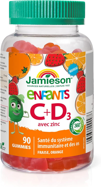 Jamieson 儿童免疫软糖，含维生素C、维生素D3和锌，草莓和橙子口味，有助于增强免疫力，强健牙齿和骨骼，促进伤口愈合。素食，非转基因，不含明胶，不含麸质，不含……