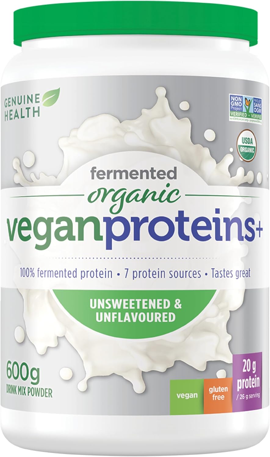Genuine Health Fermented Organic Vegan Protein Powder, Unsweetened & Unflavoured – 10 Simple Plant-Based Ingredients for Clean Nutrition – Sugar Free, Gluten Free, Non-GMO, USDA Organic – 23 Servings, 600g Tub
