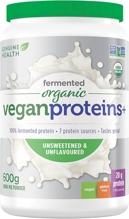 Genuine Health Fermented Organic Vegan Protein Powder, Unsweetened & Unflavoured – 10 Simple Plant-Based Ingredients for Clean Nutrition – Sugar Free, Gluten Free, Non-GMO, USDA Organic – 23 Servings, 600g Tub