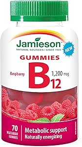 Jamieson 維生素 B12 1200 微克軟糖，天然覆盆子口味，天然補充能量，促進新陳代謝。素食，非基因改造，無麩質，不含人工香料、色素或防腐劑，70 粒裝，加拿大製造