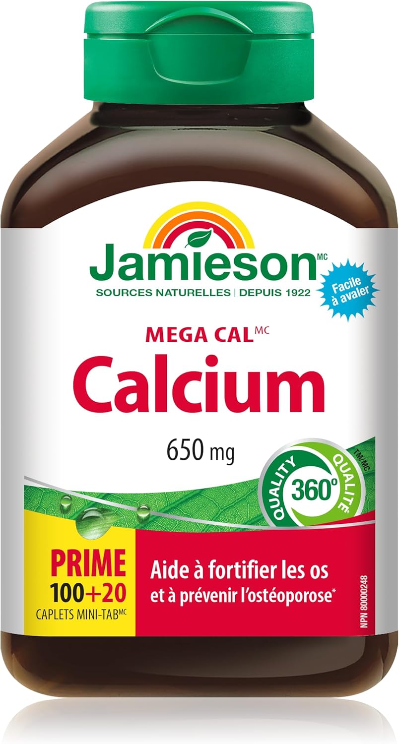 Jamieson Mega Cal Calcium 650 mg Caplets, Combines 5 Forms of Calcium, Helps Prevent Bone Loss and Osteoporosis, Supports Bone and Teeth Health. Vegetarian, Gluten-Free, 120 Caplets, Proudly Canadian