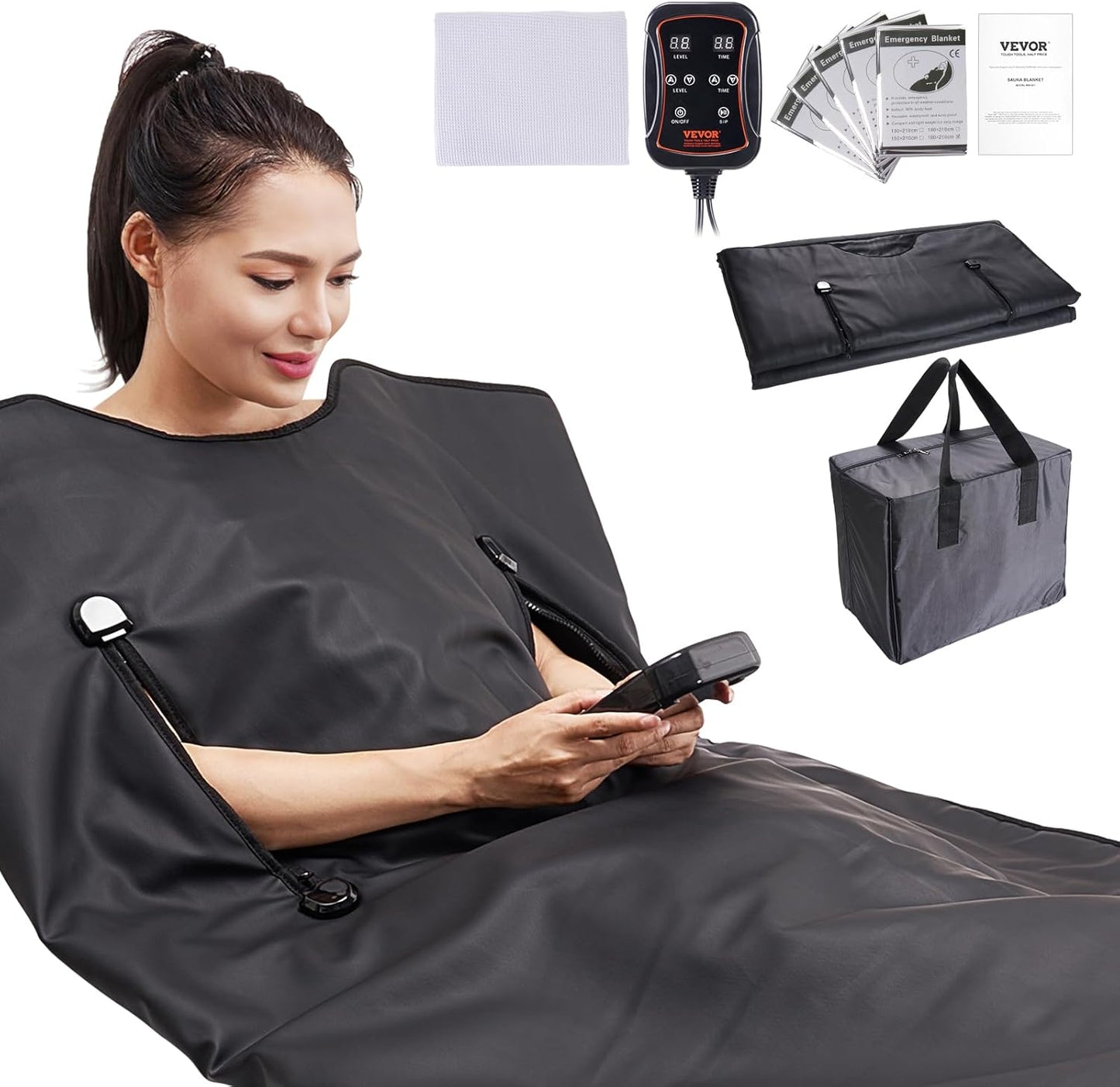 VEVOR 排毒桑拿毯，家用便携式远红外桑拿，带臂孔，舒适度高，1-6 级可调温度范围 95-185℉，1-60 分钟定时器，碳纤维加热