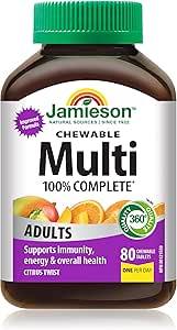 Jamieson 100% 成人複合維生素咀嚼片，柑橘風味，富含葉黃素、鈣和生物素。支持免疫力、能量和整體健康，不含人工色素、香精或防腐劑，每日一片…