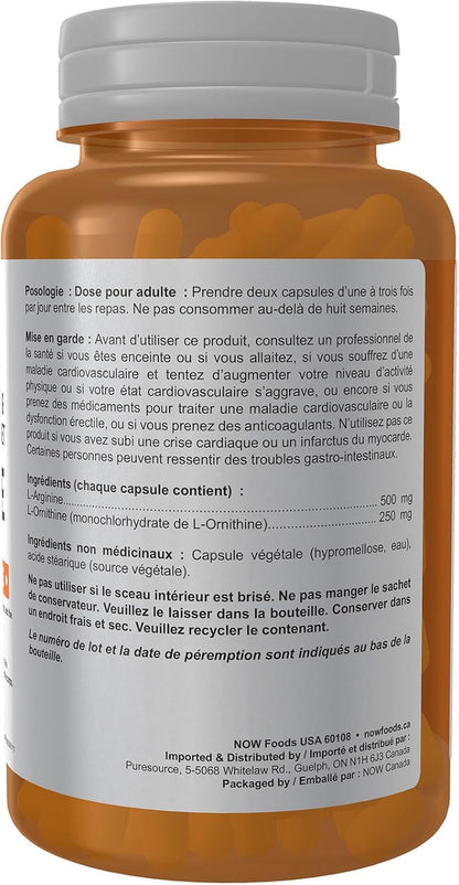 NOW Sports, L-Arginine & L-Ornithine 500/250 mg, Amino Acids, 100 Veg Capsules