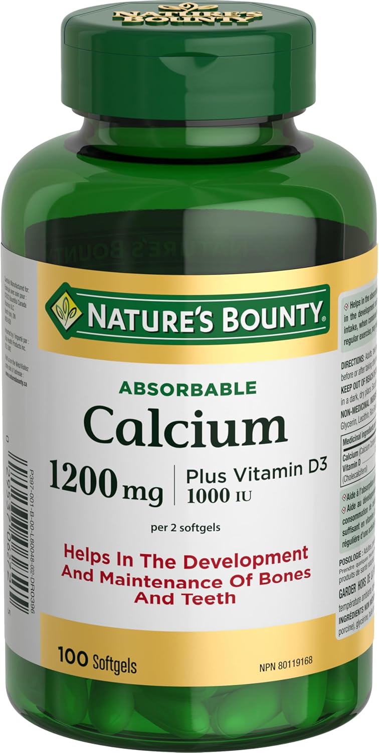 自然之寶鈣加維生素 D3，可吸收，1200 毫克，有助於骨骼和牙齒的發育，有助於鈣和磷的吸收和利用，可降低骨質疏鬆症的風險，軟膠囊，267.5 克