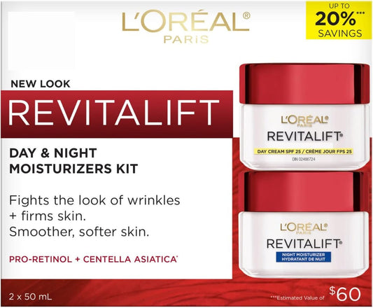 L'Oréal Paris Pro-Retinol + Centella Asiatica SPF 25 Day Cream + Night Cream Kit, Moisturizers for Face, Revitalift, Fights look of wrinkles, Firms Skin, Resist look of Signs of Aging, Skincare - 2-Count, 2x 50 ml