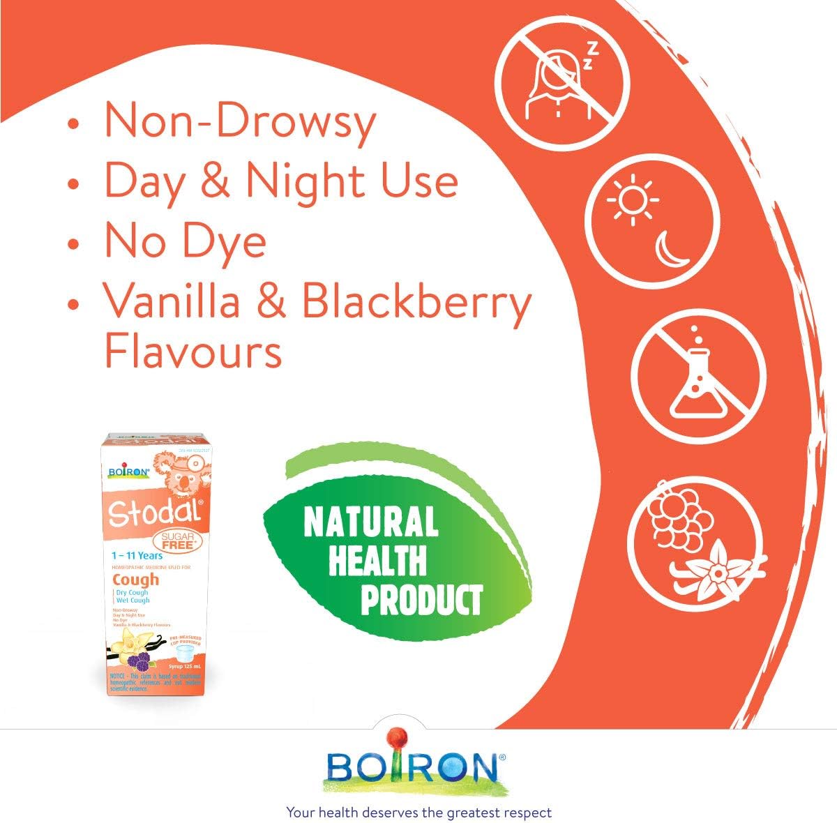 Boiron Stodal 儿童无糖，125ml，香草和黑莓口味，干咳和湿咳顺势疗法药物