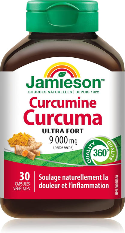 Jamieson Turmeric 9,000 mg, Ultra Strength, Provides Natural Joint Pain Relief, Supports Inflammation, and Helps with Digestion. NON-GMO, Gluten-Free, 30 Vegetarian Capsules, Proudly Canadian