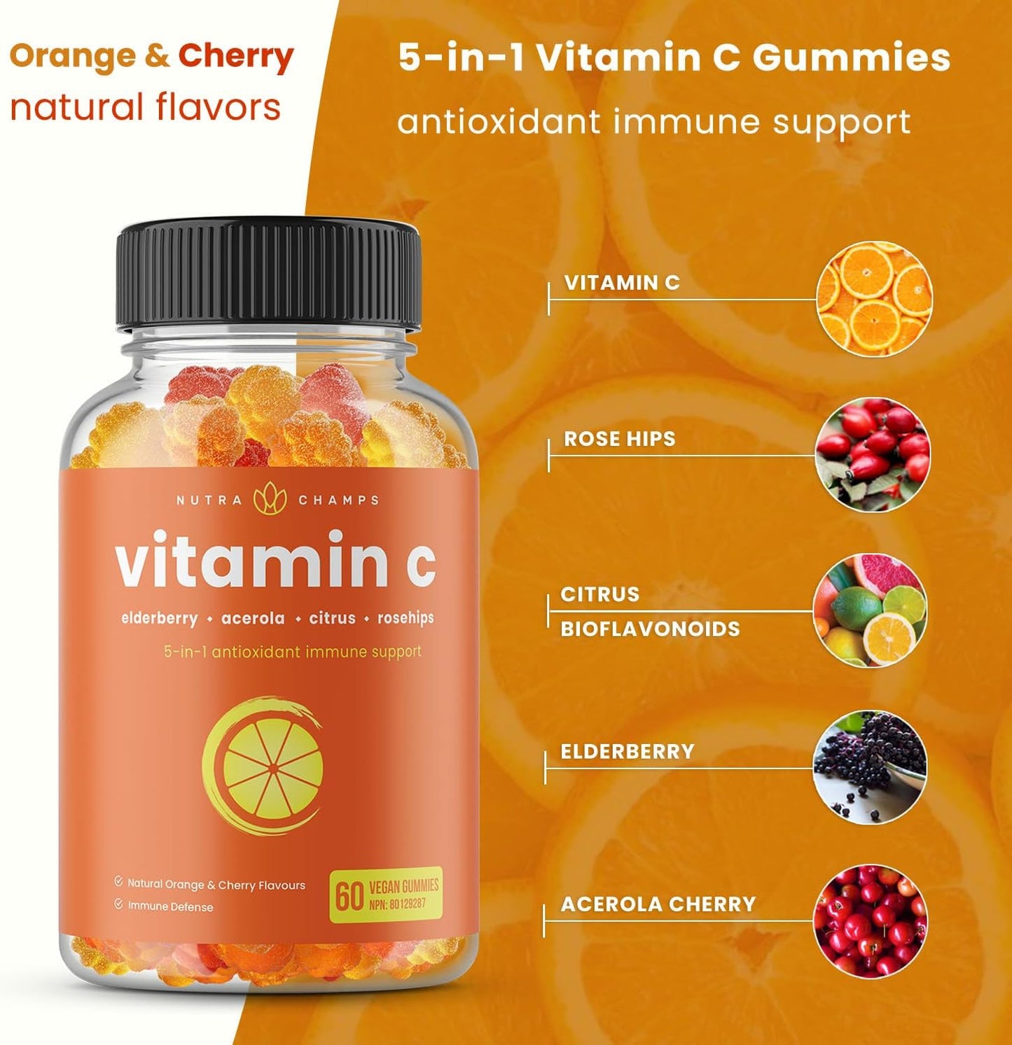 Vitamin C Gummies for Kids & Adults | 5-in-1 Immune Support Supplement with Elderberry, Rosehips, Citrus Bioflavonoids & Acerola Cherry | VIT C Immune Gummy | 120 Vitamin C Chewable Gummies 60 count (Pack of 2)