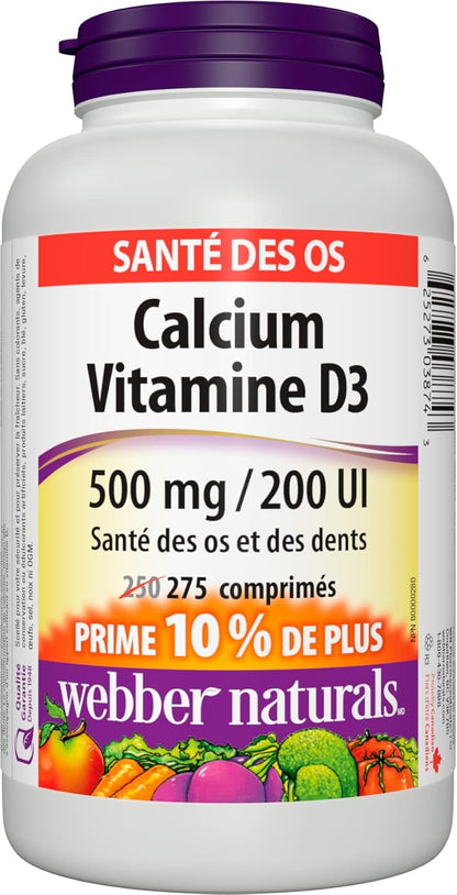 Webber Naturals 碳酸鈣（含維生素 D3），275 片，有助於支持骨骼和牙齒