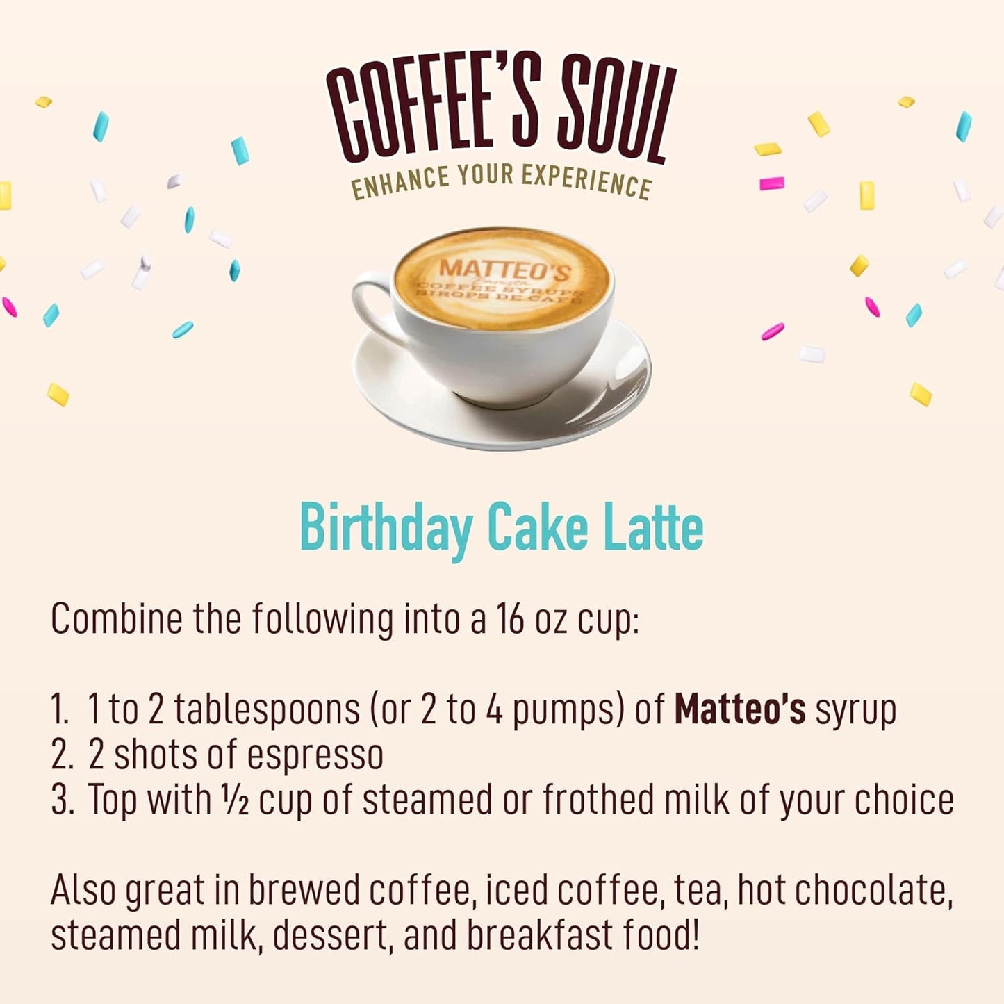 Matteo's Barista 风格无糖咖啡糖浆，生日蛋糕口味，零卡路里和糖，适合生酮饮食，非常适合拿铁、卡布奇诺、浓缩咖啡、美式咖啡，口感浓郁，25.4 盎司 1 包