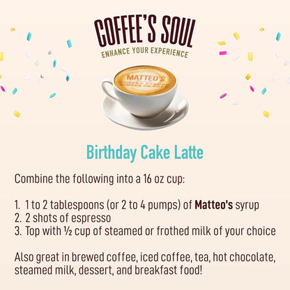 Matteo's Barista 风格无糖咖啡糖浆，生日蛋糕口味，零卡路里和糖，适合生酮饮食，非常适合拿铁、卡布奇诺、浓缩咖啡、美式咖啡，口感浓郁，25.4 盎司 1 包