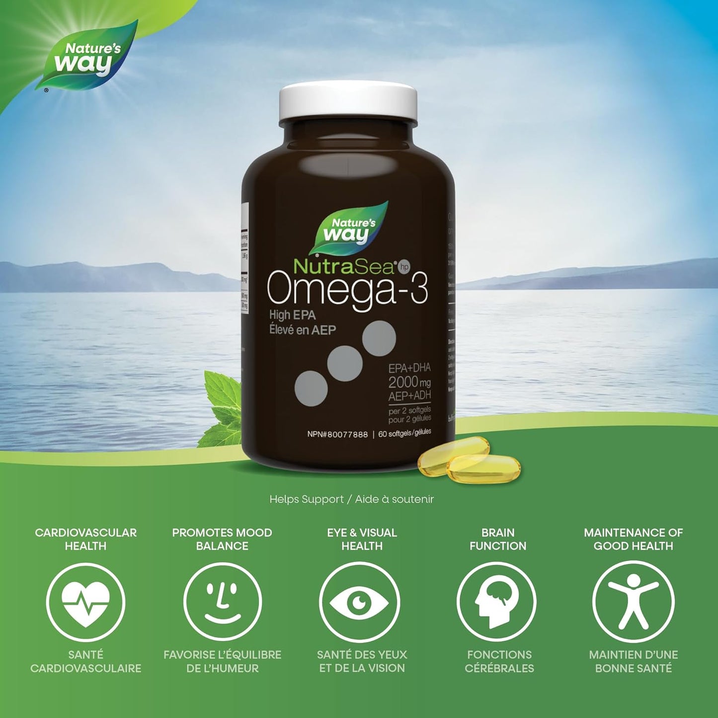 Nature's Way NutraSea hp Omega-3 - 超强 EPA - 清新薄荷味 Omega-3 补充剂 - 2000 毫克 EPA 和 DHA 鱼油（1500 毫克 EPA、500 毫克 DHA）- 支持儿童和成人健康的心脏和大脑功能，6…