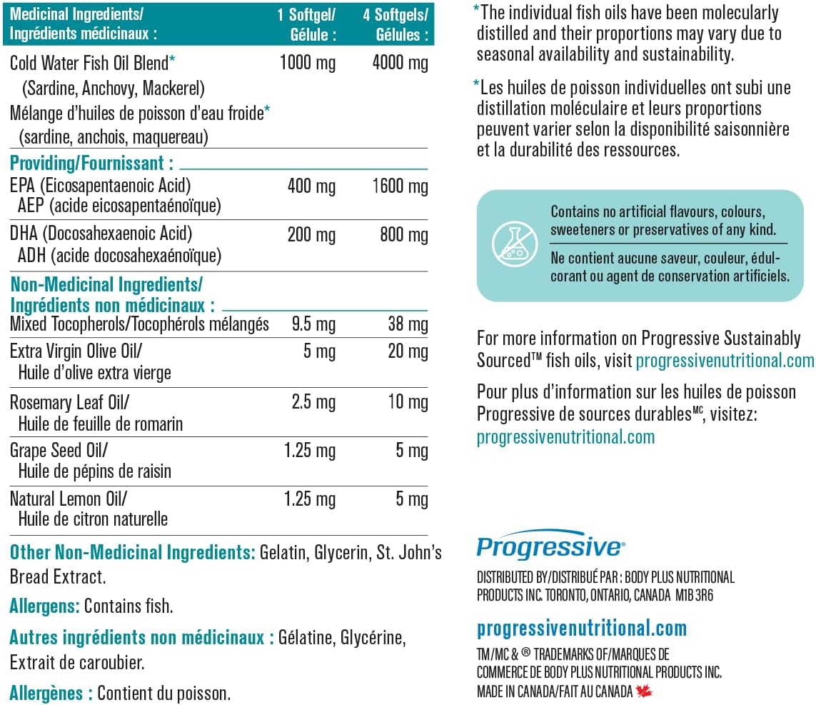Progressive OmegEssential Forte Fish Oil Supplement - 1600 mg EPA + 800 mg DHA, Orange flavour, 120 softgels | All natural, cold water, wild caught
