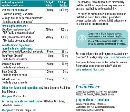 Progressive OmegEssential Forte Fish Oil Supplement - 1600 mg EPA + 800 mg DHA, Orange flavour, 120 softgels | All natural, cold water, wild caught