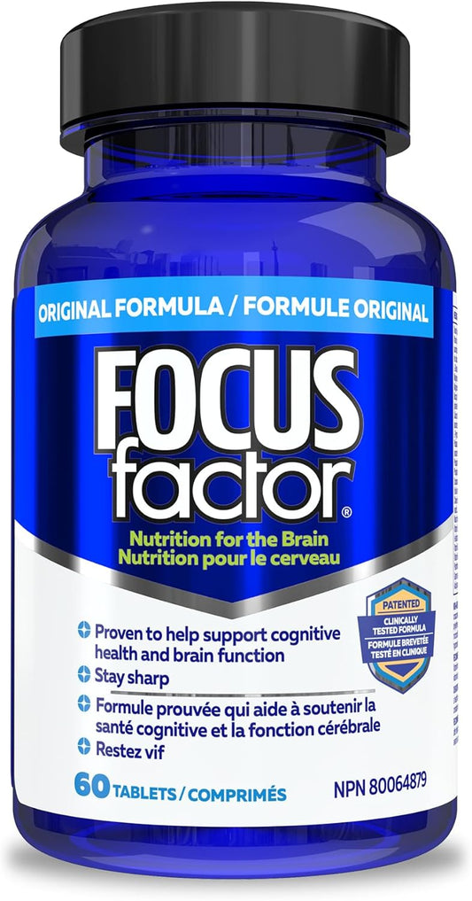 Focus Factor 大腦補充劑和完整複合維生素（60 粒），含鋅、鎂、維生素 B6、B12、D、假馬齒莧和酪氨酸，可改善記憶力、注意力和專注力