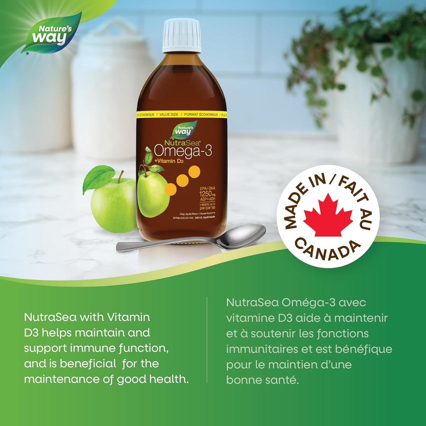 Nature's Way NutraSea Omega-3 和維生素 D 補充劑 - 含 EPA 和 DHA 的魚油 - 支持健康的心臟和大腦，幫助強健骨骼和牙齒並幫助支持免疫系統 - 清脆蘋果味，500 毫升液體，素食…