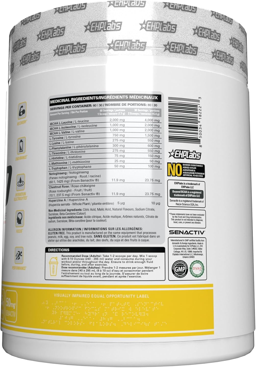 EHP Labs Beyond BCAA 氨基酸粉補充劑，用於肌肉恢復 - 8 克無糖 BCAA 氨基酸運動後恢復粉和 10 克 EAA 氨基酸粉 - 60 份（斐濟菠蘿）