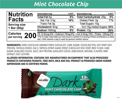 NuGo Dark Mint Chocolate Chip, 13g Vegan Protein, 200 Calories, Gluten Free, 12 Count
