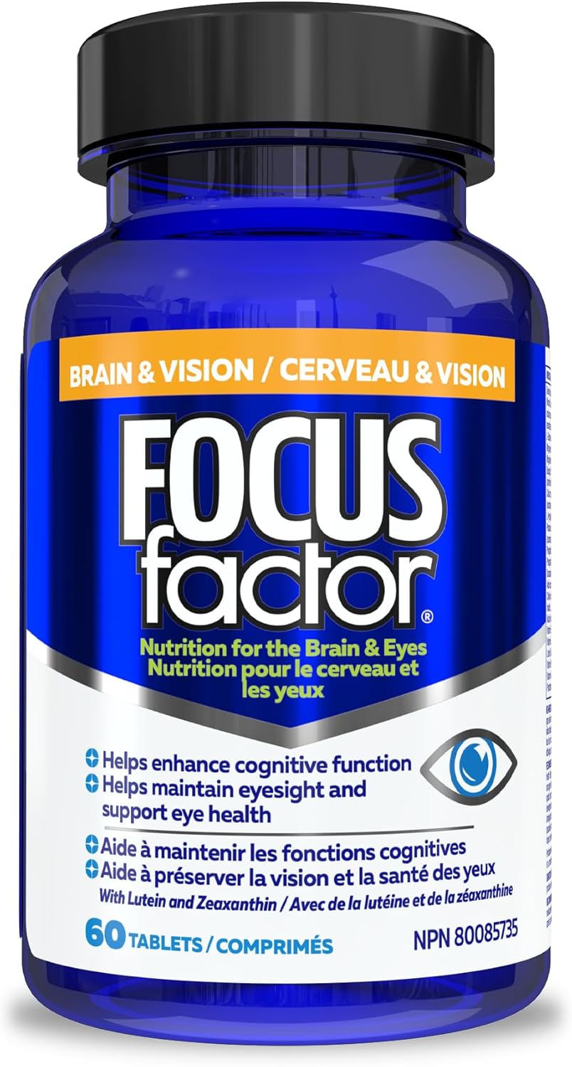 Focus Factor 大腦和視力，60 粒 - 多種維生素補充劑，含維生素 B6、B12、D3、葉黃素、玉米黃質和假馬齒莧，有助於增強成人的認知功能並支持眼睛健康
