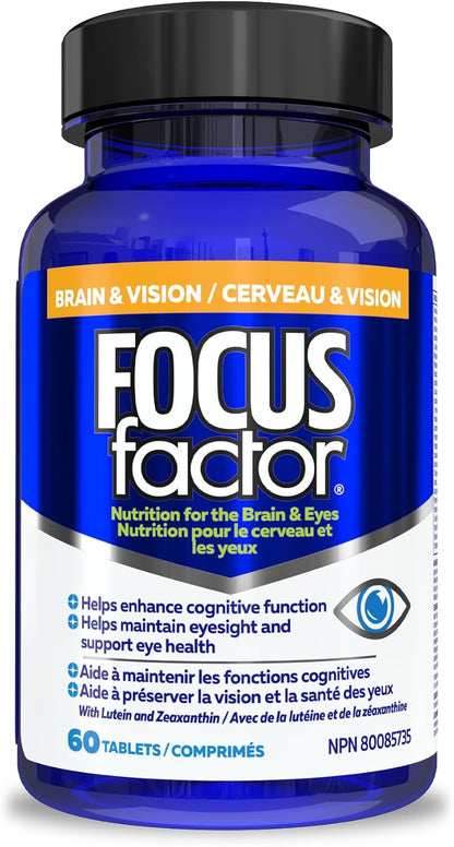 Focus Factor 大腦和視力，60 粒 - 多種維生素補充劑，含維生素 B6、B12、D3、葉黃素、玉米黃質和假馬齒莧，有助於增強成人的認知功能並支持眼睛健康