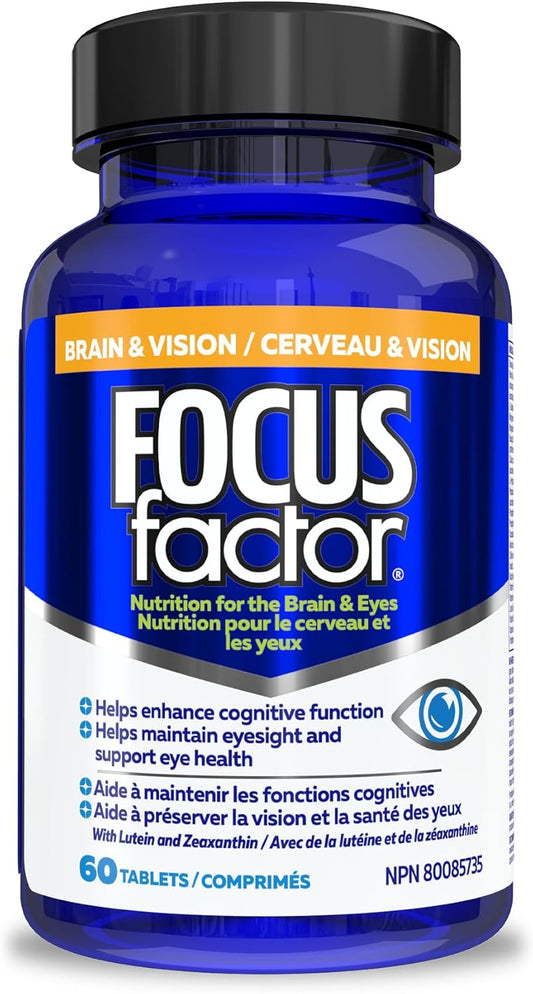 Focus Factor 大腦和視力，60 粒 - 多種維生素補充劑，含維生素 B6、B12、D3、葉黃素、玉米黃質和假馬齒莧，有助於增強成人的認知功能並支持眼睛健康