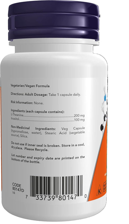 NOW Supplements, L-茶氨酸 200 毫克，含肌醇，压力管理，60 粒素食胶囊