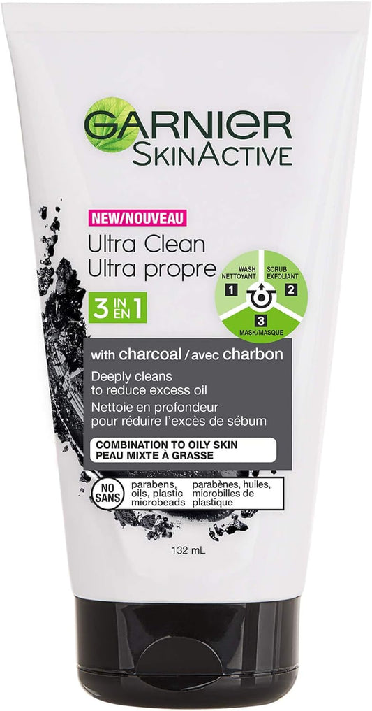 Garnier Skin active Charcoal Ultra Clean, Cleanser Deeply Cleans to Reduce Excess Oil, 132 mL