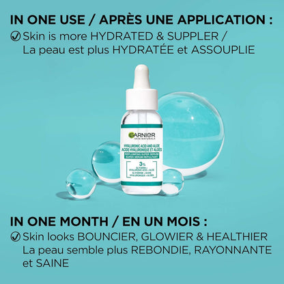 Garnier Aloe Vera Serum, With Hyaluronic Acid and Aloe, Replumping and Hydrating & Moisture Rescue Face Moisturizer Gel Cream, 24 Hour Hydrating Skin Care