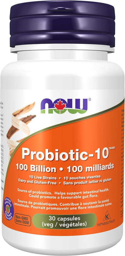 NOW Supplements, Probiotic-10™, 100 Billion, with 10 Probiotic Strains,Dairy, Soy and Gluten Free, Strain Verified, 30 Veg Capsules