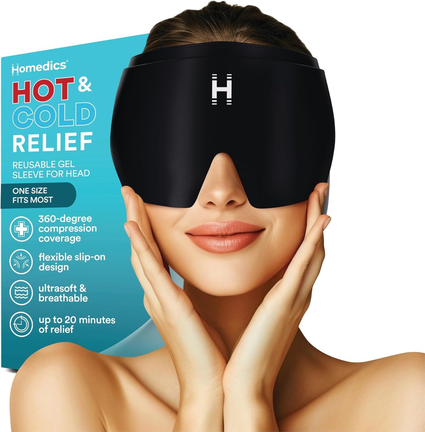 Homedics 偏头痛缓解帽 – 360° 可穿戴凝胶冰袋 | 冷热疗法帽 | 遮光、可重复使用、均码弹性