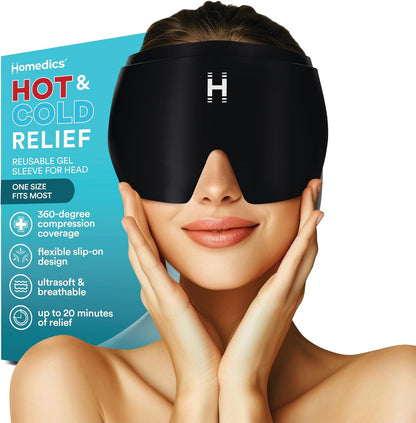 Homedics 偏头痛缓解帽 – 360° 可穿戴凝胶冰袋 | 冷热疗法帽 | 遮光、可重复使用、均码弹性