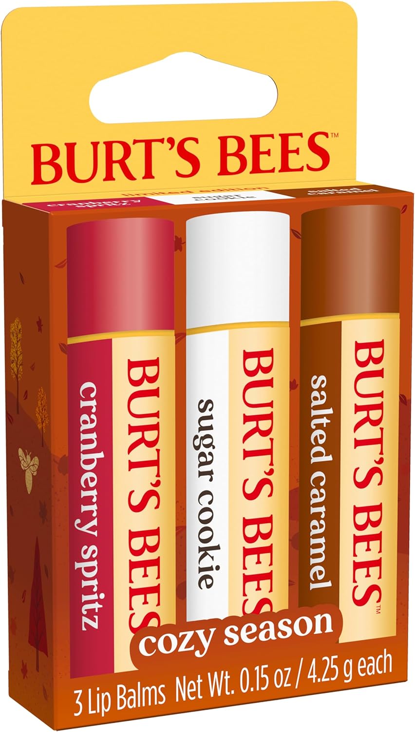 Burt's Bees 100% 天然保湿润唇膏，适用于干燥皲裂的嘴唇，令双唇柔软水润 - 3 支装 - （舒适季节）糖饼干、蔓越莓喷雾、咸焦糖